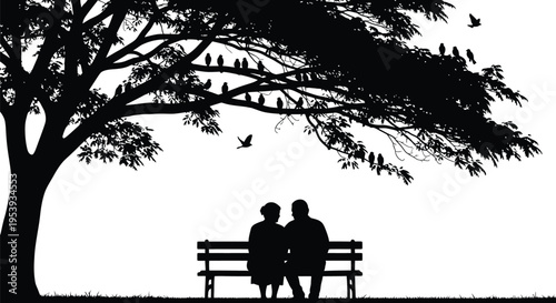 Couple sitting on a bench watching birds a striking silhouette