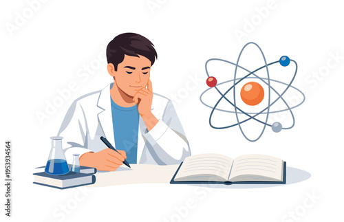 A focused academic research moment where a scientist or student carefully studies natural laws and experimental data in a calm educational or laboratory environment, visual