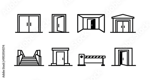 Building exit indicators: double door exit, single door exit frame, hallway door exit, exterior building exit, underground exit stairs, rooftop exit door, parking garage exit gate