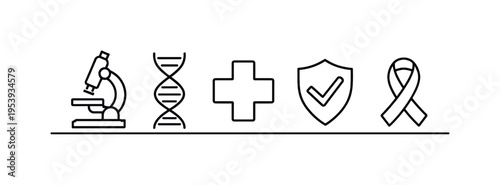 Clinical oncology treatment and cancer prevention education focused on medical screening research and supportive healthcare awareness, microscope, DNA helix, medical cross, shield