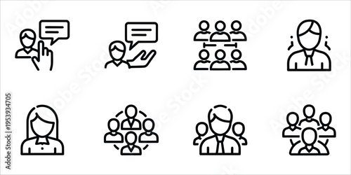 A collection of simple line icons depicting people communicating and interacting