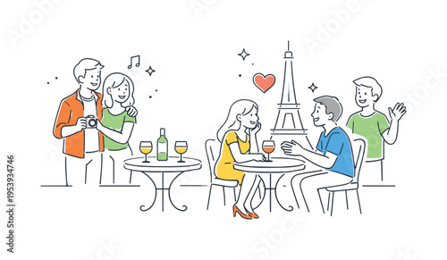 Friends celebrating a romantic Paris city evening while relaxing near a cafe and enjoying the atmosphere of a beautiful European destination, symbolizing joyful travel memories and