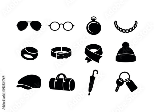 Men fashion accessories: aviator sunglasses, round eyeglasses, pocket watch, chain necklace, signet ring, leather bracelet, silk scarf, winter beanie, flat cap, travel duffel bag