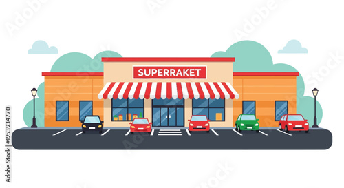Colorful supermarket building facade with cars a flat illustration silhouette