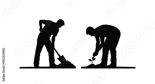 Two figures gardening one digging while the other plants a seedling silhouette