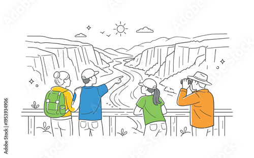 Environmental appreciation scene where visitors stand at a canyon overlook watching a river carve through the landscape, the steep canyon cliffs and flowing river symbolizing the