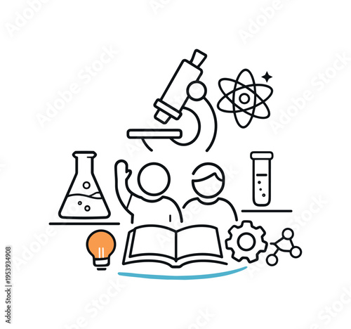 STEM education and hands on learning environment encouraging student engagement in chemistry fundamentals and problem solving skills, an overhead microscope silhouette aligned with