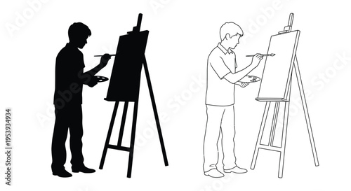 Artist painting at an easel shown in both outline and silhouette