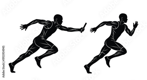 Two athletic runners in motion depicted as silhouettes during a relay race exchange high quality