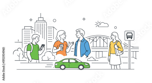A small group experiencing everyday urban routines in a contemporary city setting, engaging with transportation, architecture, and social interaction in a structured environment