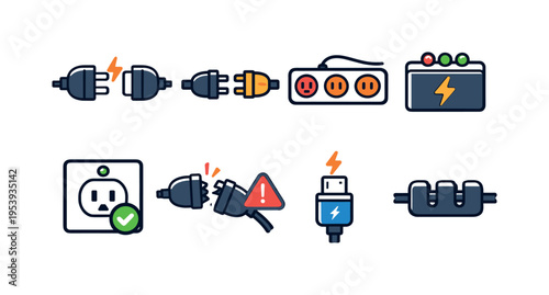 Power connection symbols: plug connecting to socket, unplugged cable end, extension power strip, surge protector box, socket with power light, broken plug warning, charging cable