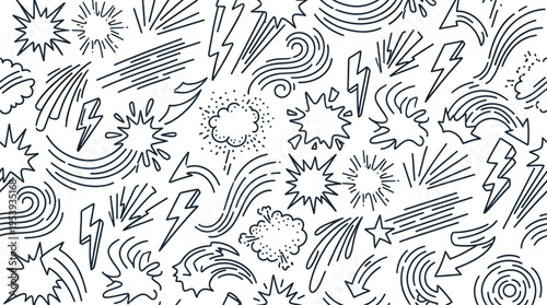 Dynamic comic burst and action line concept highlighting movement, speed, and dramatic emphasis elements for energetic graphic compositions. Objects of starburst, explosion rays,