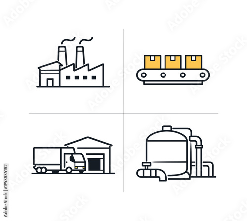 Industrial manufacturing skyline representing modern large-scale production infrastructure and economic output in a growing industrial district, visualized as four simple icons