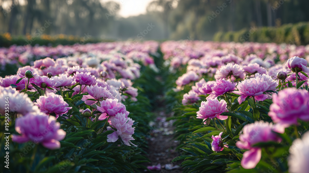 Obraz premium a wide peony garden in soft pastel colors arranged in symmetrical rows creating visually confusing perspective lines, early morning light, shallow depth of field