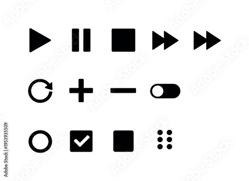 Essential app controls: play button triangle, pause bars button, stop square button, fast forward arrows, rewind arrows, refresh circular arrow, plus add button, minus remove