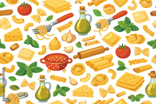 Italian cuisine pasta seamless pattern for food and restaurant branding themes featuring spaghetti, penne, fusilli, farfalle, ravioli, lasagna sheet, macaroni, tortellini, tomato,