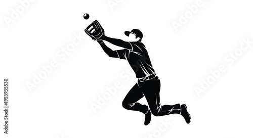 A silhouetted baseball player is intensely focused while making a spectacular leaping catch high quality