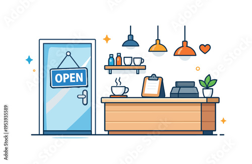New business launch scene showing a freshly prepared retail or cafe interior getting ready to welcome customers for the first time, a glass door with a hanging opening sign beside