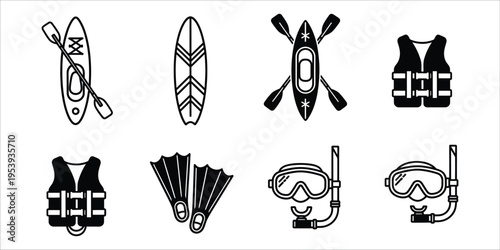 Scuba diving and kayaking equipment illustrations