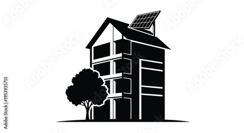 A stark black and white illustration depicts a modern house with solar panels and a tree