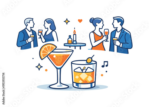 Elegant celebration scene highlighting a relaxed cocktail party where guests enjoy conversation and shared moments in a refined social setting, a tall cocktail glass with a citrus