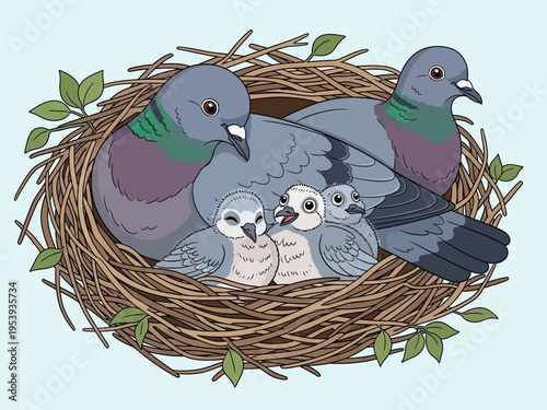 A Pigeon Family Nestled Together in a Cozy Nest.