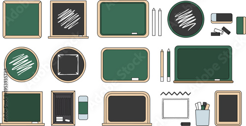 Classroom Blackboard and Teaching Equipment Icon Set Featuring Chalkboards Erasers Chalk Pencils Calendar and School Supplies Vector Illustration Collection