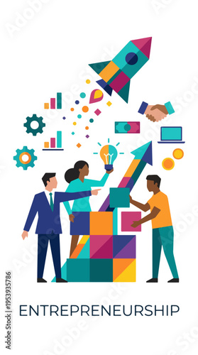 Entrepreneurship illustration with team building blocks, rocket, handshake, charts and laptop