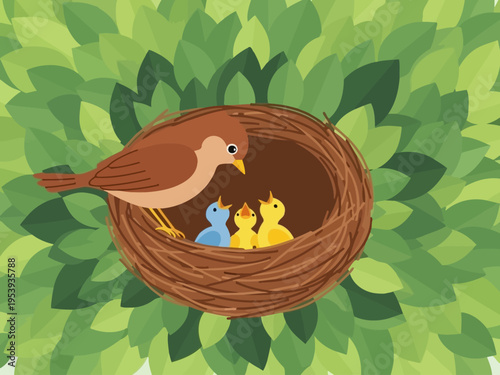 Mother bird feeding her chicks in a nest.