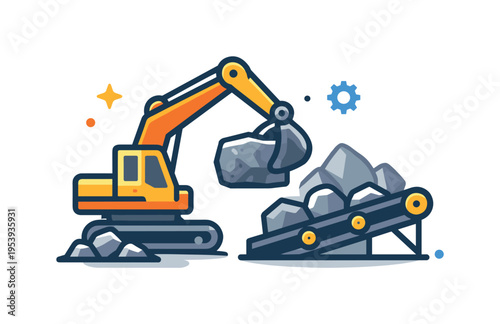 Industrial stone quarry mining and raw material extraction representing heavy industry and infrastructure development, a large excavator arm lifting a rough stone block beside a