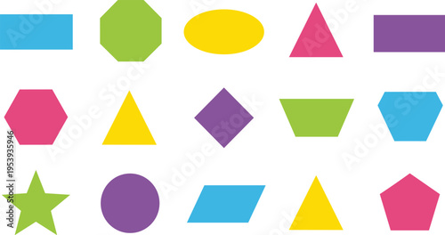 Colorful Geometric Shapes Collection Including Circle Triangle Star Hexagon and Polygon Flat Vector Illustration Set