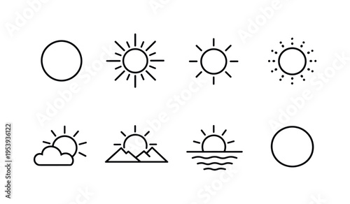 Sunny weather elements: bright sun, sun with long rays, sun with short rays, sun with dotted rays, sun and small cloud, sun and mountain horizon, sun reflection on water, minimal