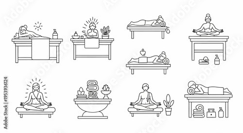 Various people in spa treatments and relaxation.