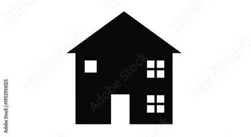 A simple black silhouette of a house with a peaked roof and several windows