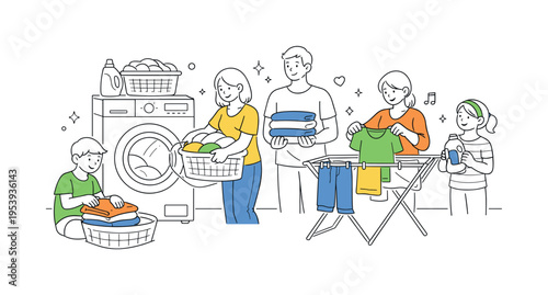 Household cleaning and laundry day routine concept where several people organize clothes around a large front loading washing machine and a simple drying rack, representing