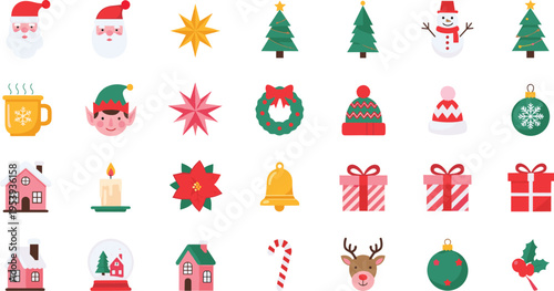 Christmas Holiday Icons Collection with Santa Tree Snowman Gifts Wreath Candy Cane and Winter Decorations Vector Set