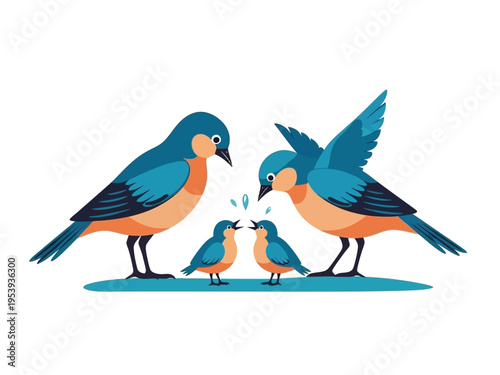 A Family of Blue Birds Feeding Their Young Chicks.