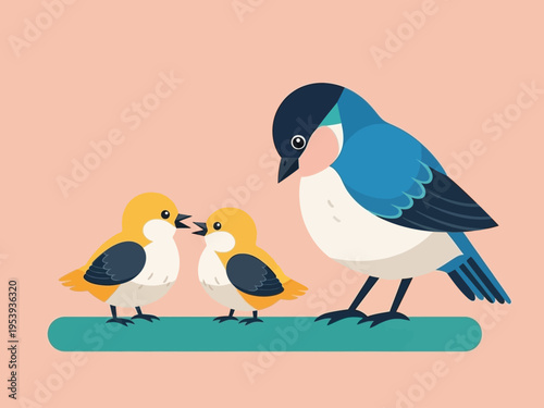 A mother bird feeding her two hungry chicks on a branch.