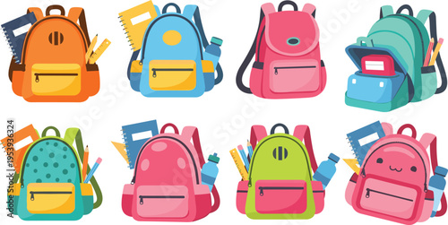Colorful School Backpack Collection Featuring Student Bags with Books Supplies Water Bottles and Modern Education Accessories Vector Illustration Set