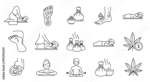 Black line icons of people relaxing and using CBD.