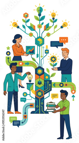 Teamwork innovation tree with business people and connected idea icons