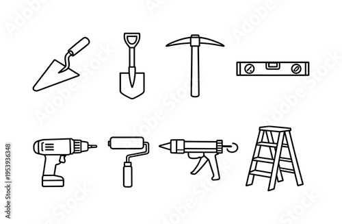 Building and repair tools: brick trowel, shovel spade, pickaxe, spirit level, electric drill, paint roller, caulking gun, ladder step ladder