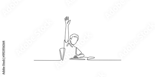Continuous line drawing of a man sitting on the floor with one arm raised single