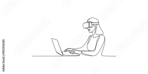 Woman wearing virtual reality goggles while working on laptop computer headset female person technology tech