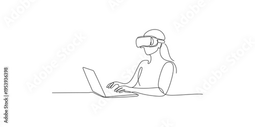 Woman wearing VR headset while using laptop computer in one line drawing style virtual reality