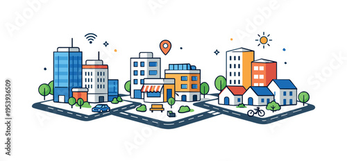Smart city and urban design visualization highlighting structured neighborhoods, offices, and residential spaces within a compact metropolitan layout, several isometric building