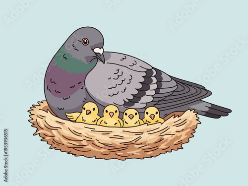 A mother pigeon protecting her four newborn chicks in a cozy nest.