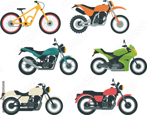 motorcycle and bicycle set illustration, different bike styles collection, sport dirt cruiser models, modern transport design, colorful vehicle vector