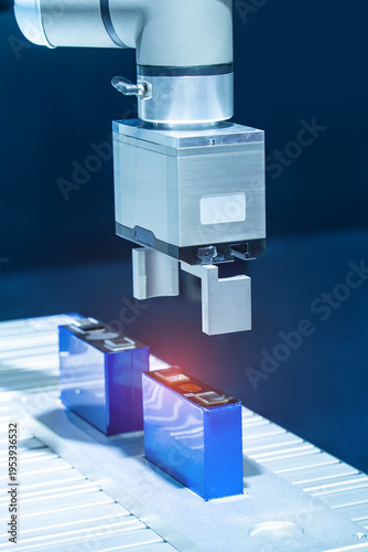 Advanced Industrial Robot Arms Assemble EV Battery Pack on Automated Production Line in Modern Electric lithium battery Smart Factory.