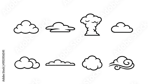 Cloud shapes collection: fluffy cumulus cloud, flat layered cloud, tall storm cloud, small single cloud, double cloud cluster, long horizontal cloud, round puff cloud, cloud with